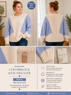Cream & Light Blue Colorblock Knit Sweater Size XL New With Tags